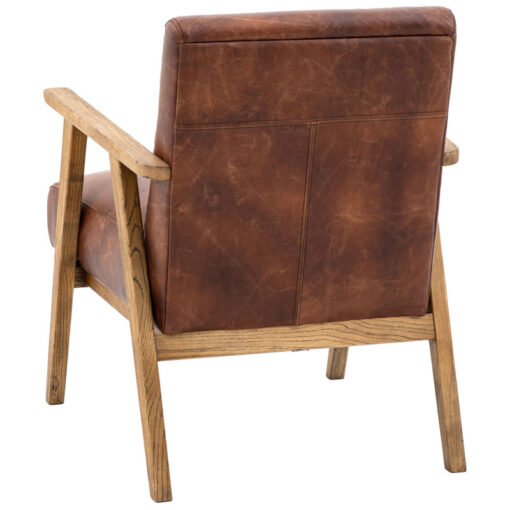 Industrial Vintage Brown Real Leather And Solid Ash Wood Armchair