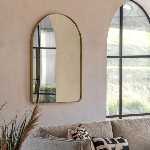 Large Arched Gold Metal Wall Mirror 90cm