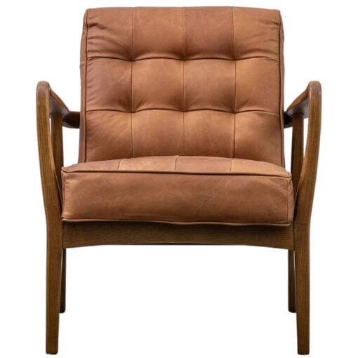 Mid Century Industrial Buttoned Vintage Brown Real Leather And Oak Wood Armchair