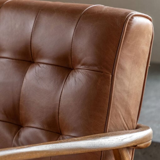 Mid Century Industrial Buttoned Vintage Brown Real Leather And Oak Wood Armchair