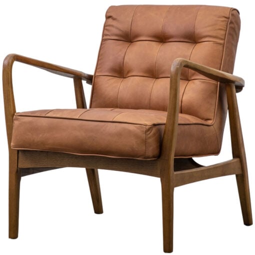 Mid Century Industrial Buttoned Vintage Brown Real Leather And Oak Wood Armchair