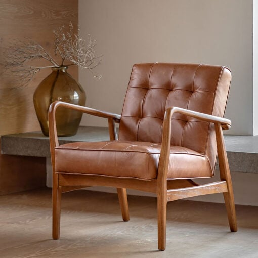 Mid Century Industrial Buttoned Vintage Brown Real Leather And Oak Wood Armchair
