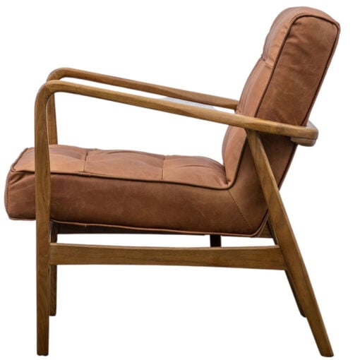 Mid Century Industrial Buttoned Vintage Brown Real Leather And Oak Wood Armchair