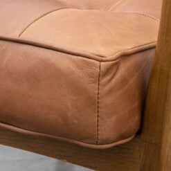 Mid Century Industrial Buttoned Vintage Brown Real Leather And Oak Wood Armchair