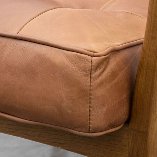 Mid Century Industrial Buttoned Vintage Brown Real Leather And Oak Wood Armchair