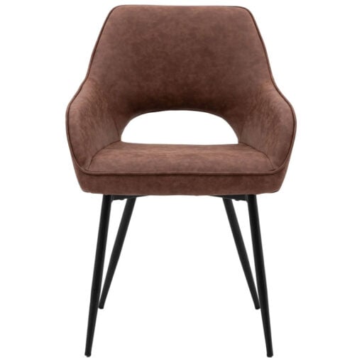Set Of 2 Brown Faux Leather Industrial Open Curved Back Tub Dining Chairs With Black Metal Legs