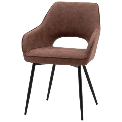 Set Of 2 Brown Faux Leather Industrial Open Curved Back Tub Dining Chairs With Black Metal Legs