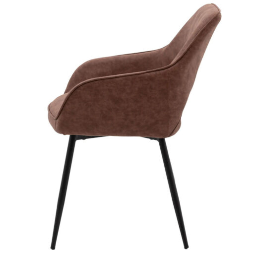 Set Of 2 Brown Faux Leather Industrial Open Curved Back Tub Dining Chairs With Black Metal Legs