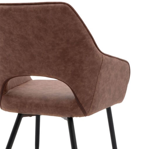 Set Of 2 Brown Faux Leather Industrial Open Curved Back Tub Dining Chairs With Black Metal Legs