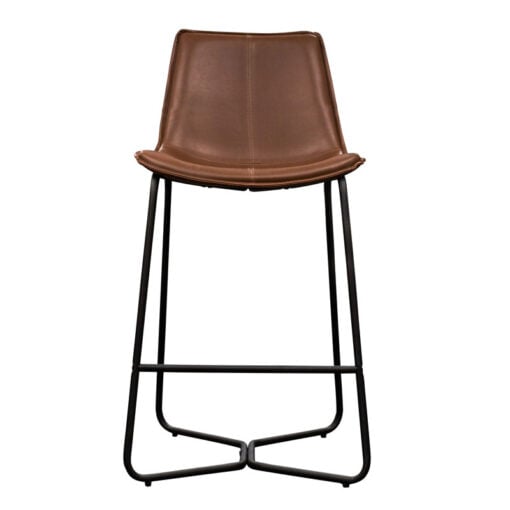 Set Of 2 Industrial Brown PU Faux Leather And Black Metal Bar Stools