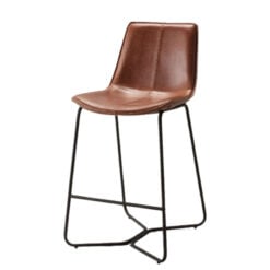 Set Of 2 Industrial Brown PU Faux Leather And Black Metal Bar Stools