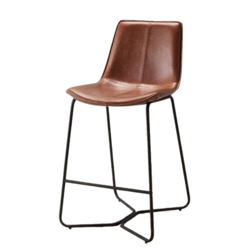 Set Of 2 Industrial Brown PU Faux Leather And Black Metal Bar Stools