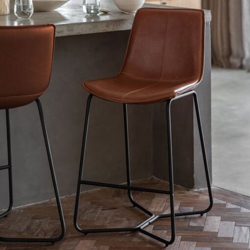 Set Of 2 Industrial Brown PU Faux Leather And Black Metal Bar Stools