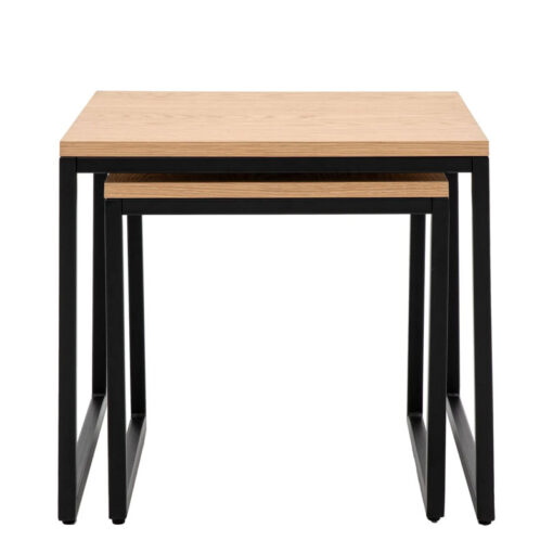 Set Of 2 Industrial Oak Wood Veneer And Black Metal Nesting Side Tables