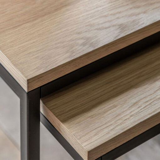 Set Of 2 Industrial Oak Wood Veneer And Black Metal Nesting Side Tables