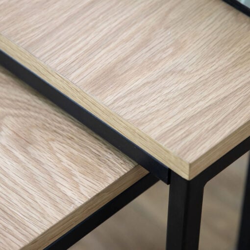 Set Of 2 Industrial Oak Wood Veneer And Black Metal Nesting Side Tables