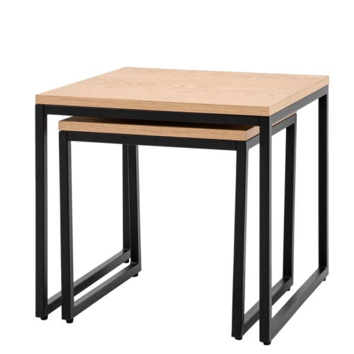 Set Of 2 Industrial Oak Wood Veneer And Black Metal Nesting Side Tables