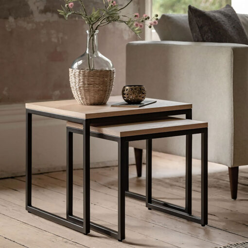 Set Of 2 Industrial Oak Wood Veneer And Black Metal Nesting Side Tables