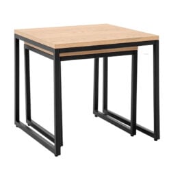 Set Of 2 Industrial Oak Wood Veneer And Black Metal Nesting Side Tables