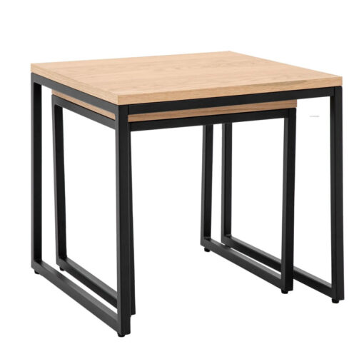 Set Of 2 Industrial Oak Wood Veneer And Black Metal Nesting Side Tables