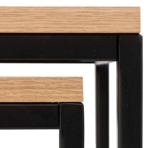 Set Of 2 Industrial Oak Wood Veneer And Black Metal Nesting Side Tables
