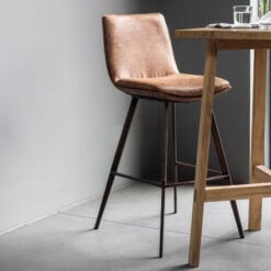 Set Of 2 Industrial Vintage Brown Faux Leather Bar Stools With Aged Bronze Metal Legs