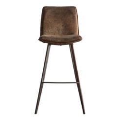 Set Of 2 Industrial Vintage Brown Faux Leather Bar Stools With Aged Bronze Metal Legs