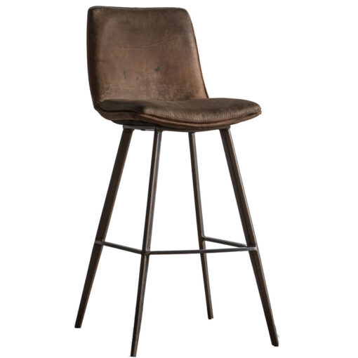 Set Of 2 Industrial Vintage Brown Faux Leather Bar Stools With Aged Bronze Metal Legs