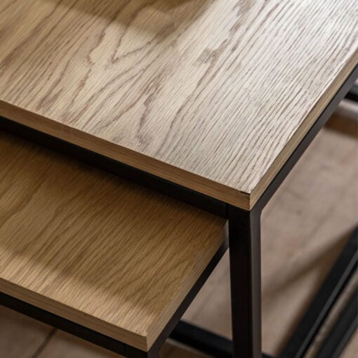 Set Of 3 Industrial Oak Veneer And Black Metal Nesting Coffee Tables 100cm