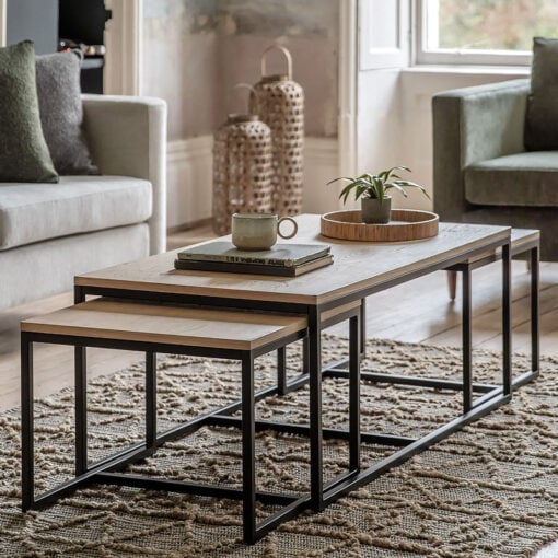 Set Of 3 Industrial Oak Veneer And Black Metal Nesting Coffee Tables 100cm