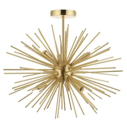 Sunburst Sputnik Semi Flush 6 Light Satin Gold Metal Ceiling Pendant 54cm