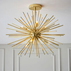 Sunburst Sputnik Semi Flush 6 Light Satin Gold Metal Ceiling Pendant 54cm