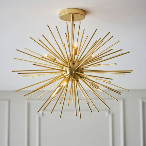 Sunburst Sputnik Semi Flush 6 Light Satin Gold Metal Ceiling Pendant 54cm