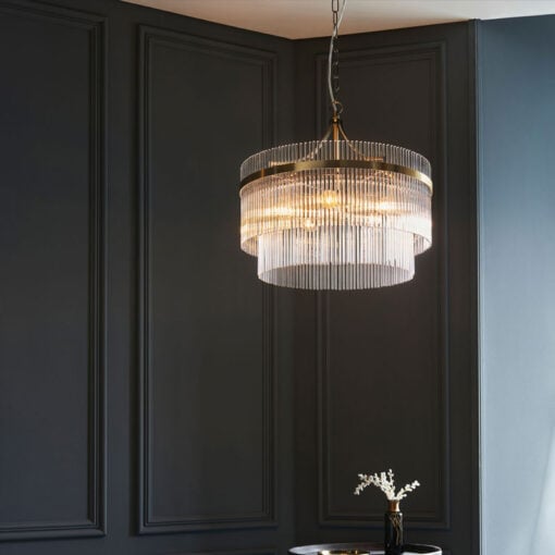 Two Tier 5 Light Antique Gold Brass And Glass Chandelier Ceiling Pendant 50cm