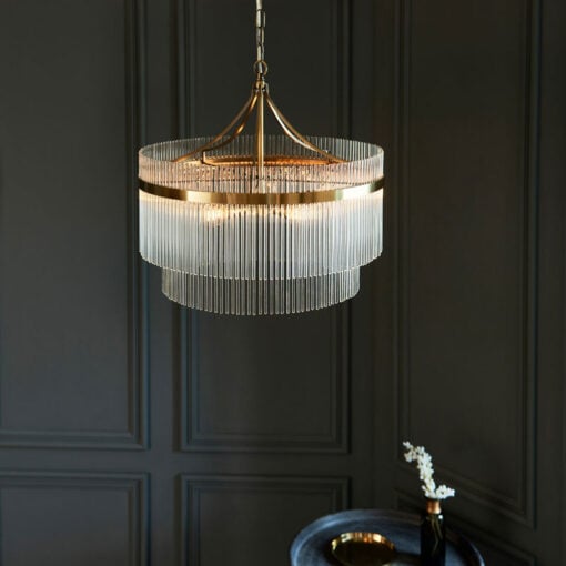 Two Tier 5 Light Antique Gold Brass And Glass Chandelier Ceiling Pendant 50cm