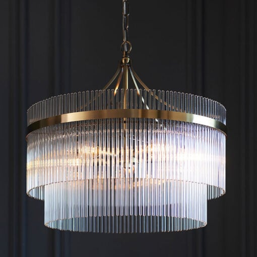 Two Tier 5 Light Antique Gold Brass And Glass Chandelier Ceiling Pendant 50cm