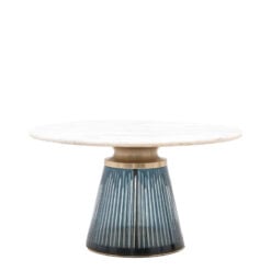 Art Deco Blue Glass And Gold Metal Coffee Table With White Marble Top 76cm