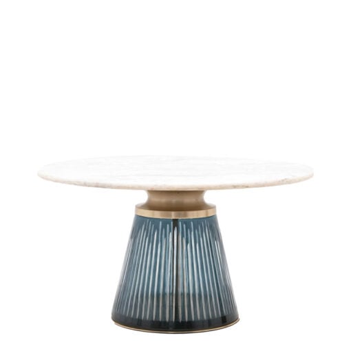 Art Deco Blue Glass And Gold Metal Coffee Table With White Marble Top 76cm