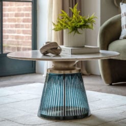 Art Deco Blue Glass And Gold Metal Coffee Table With White Marble Top 76cm