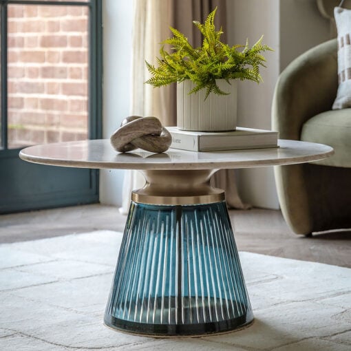 Art Deco Blue Glass And Gold Metal Coffee Table With White Marble Top 76cm
