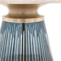 Art Deco Blue Glass And Gold Metal Coffee Table With White Marble Top 76cm