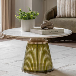 Art Deco Green Glass And Gold Metal Coffee Table With White Marble Top 76cm