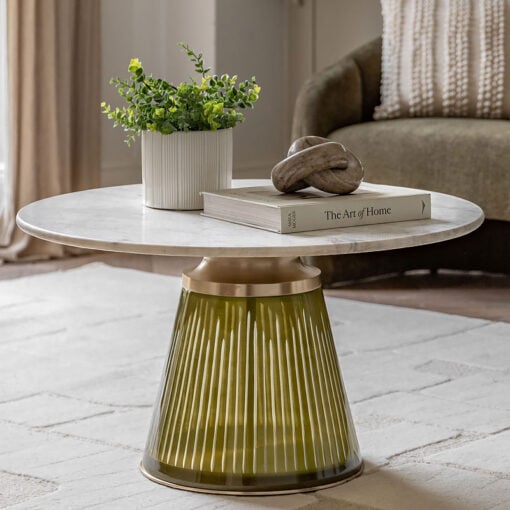 Art Deco Green Glass And Gold Metal Coffee Table With White Marble Top 76cm