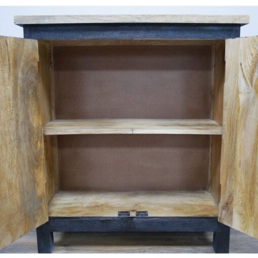 Boho 2 Door Solid Black Carved Mandala Mango Wood Small Sideboard Cabinet