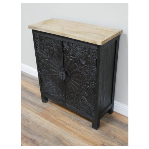 Boho 2 Door Solid Black Carved Mandala Mango Wood Small Sideboard Cabinet