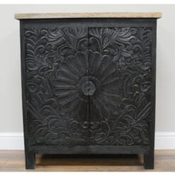 Boho 2 Door Solid Black Carved Mandala Mango Wood Small Sideboard Cabinet