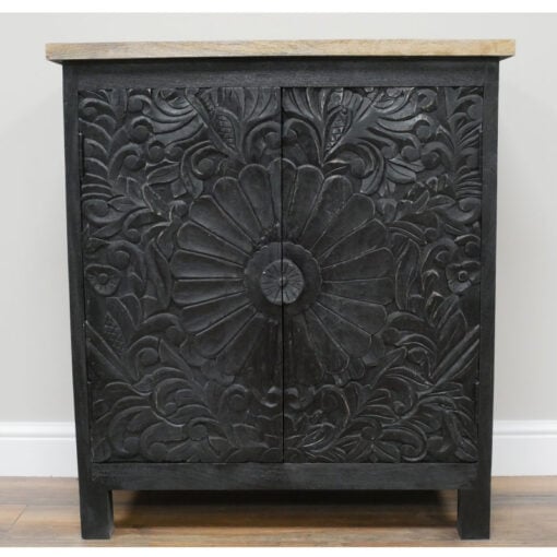 Boho 2 Door Solid Black Carved Mandala Mango Wood Small Sideboard Cabinet