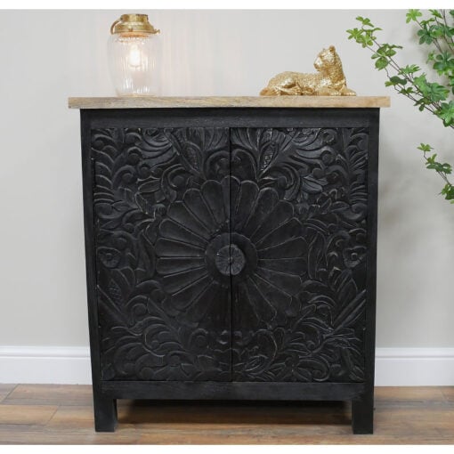 Boho 2 Door Solid Black Carved Mandala Mango Wood Small Sideboard Cabinet