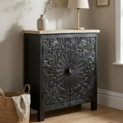 Boho 2 Door Solid Black Carved Mandala Mango Wood Small Sideboard Cabinet
