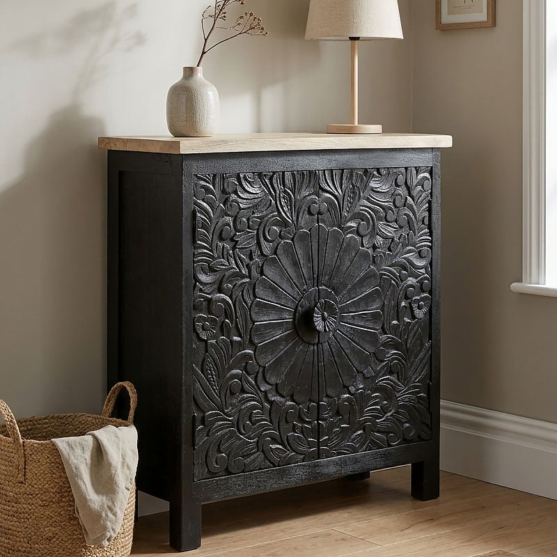 Boho 2 Door Solid Black Carved Mandala Mango Wood Small Sideboard Cabinet Boho 2 Door Solid Black Carved Mandala Mango Wood Small Sideboard Cabinet